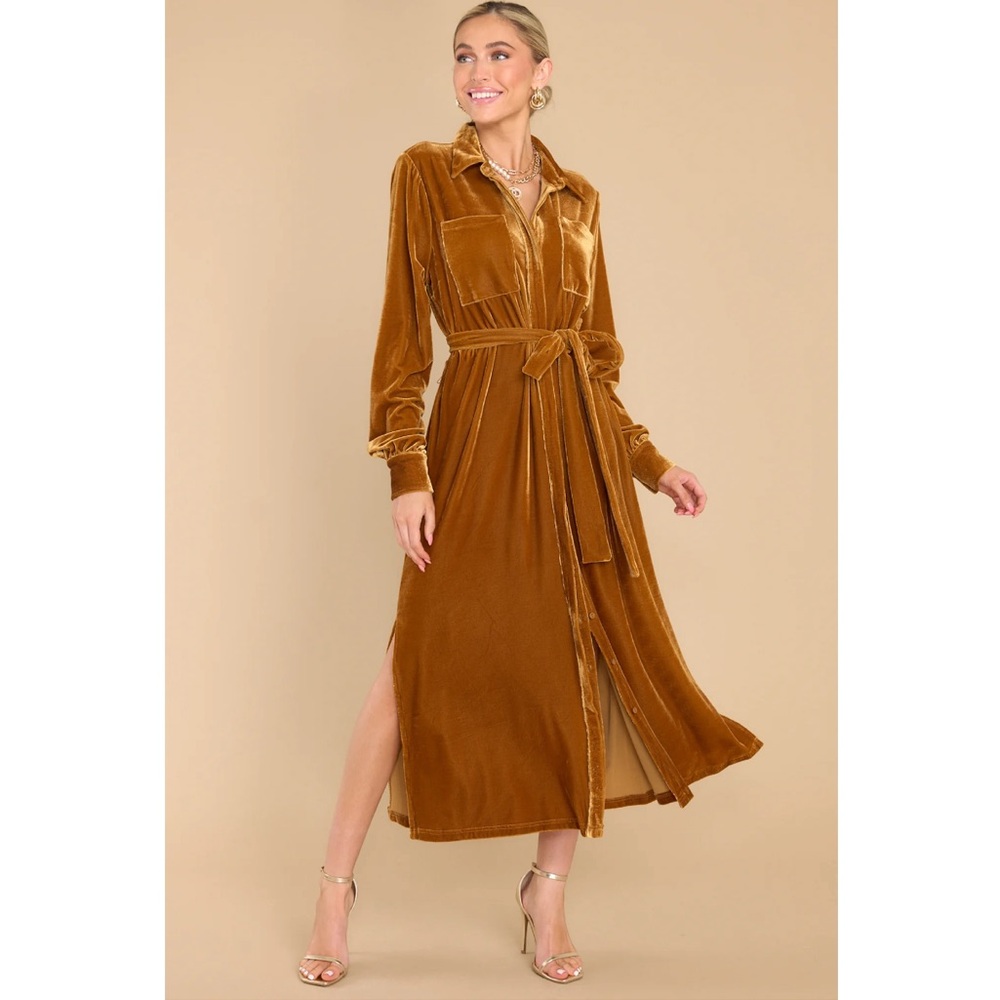 Red Dress Boutique Velvet Tie Waist Maxi Dress in mustard yellow / golden brown